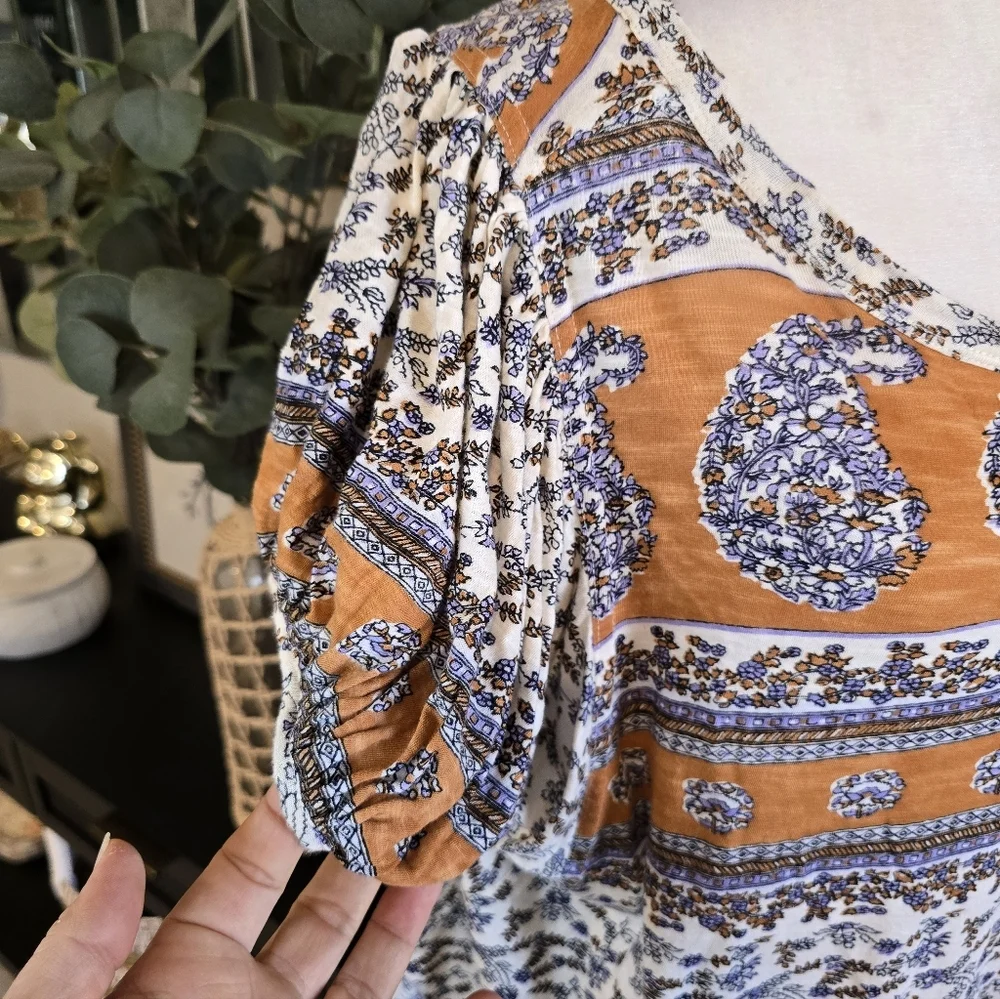 Free People Women’s Paisley Boho Puff Sleeve Open Scoop Back Top S
